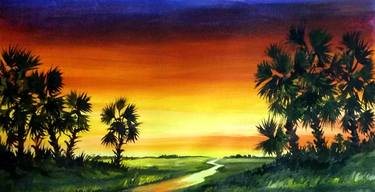 Rural Sunset & Palm Trees - Acrylic on canvas painting thumb