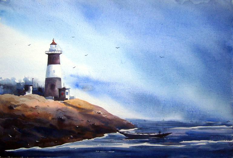Lighthouse-Watercolor Painting Painting By Samiran Sarkar | Saatchi Art