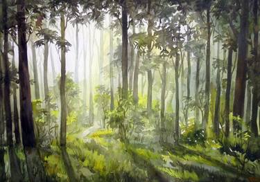 Early Morning Light inside a Forest-Watercolor on Paper thumb