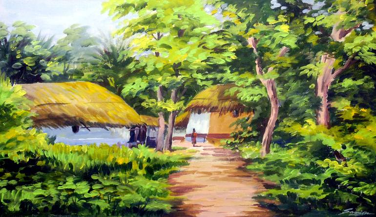 Beauty of Rural Landscape - Acrylic on Canvas Painting Painting by
