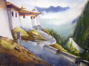Buddhist monastery in Bhutan-Watercolor on Paper thumb