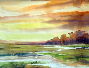 Village River at Sunset-Watercolor on Paper thumb
