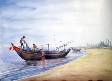 Fisher men & Fishing Boat-Watercolor on Paper Painting thumb