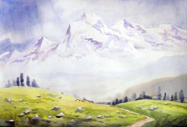 Himalayan Peaks at morning-Watercolor on Paper thumb