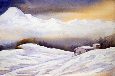 Winter Evening Mountain Landscape-Watercolor on Paper thumb