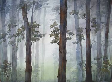 Mysterious Foggy Dense Forest-Watercolor on Paper thumb