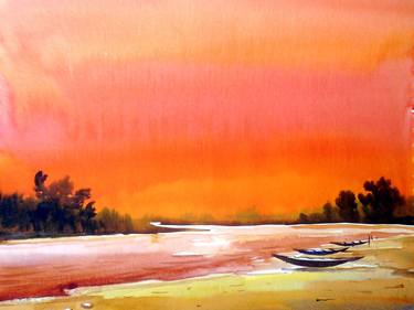 Sunset Village River-Watercolor on Paper Painting thumb