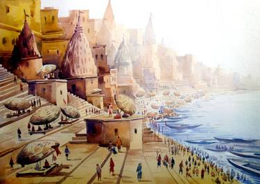 Varanasi Ghat at Morning-Watercolor on Paper thumb