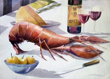 Lobster,Wine Glasses Still life-Watercolor on paper thumb