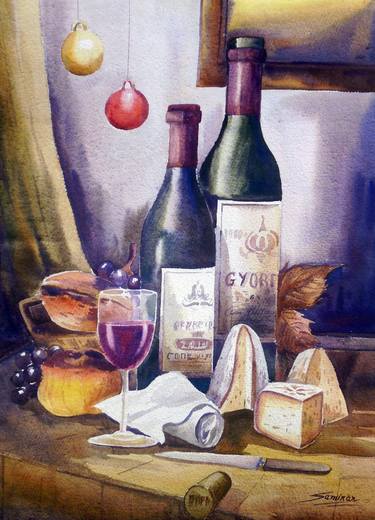 Wine Bottles, Wine Glass & Food-Watercolor Painting thumb