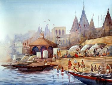 Varanasi Ghat at Morning - Watercolor Painting thumb