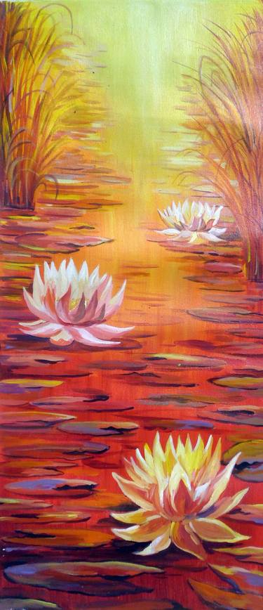 White Lotus in Afternoon Pond-Acrylic on Canvas Painting thumb