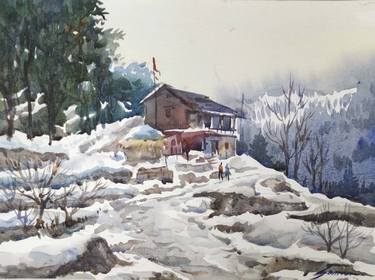 Winter Snowy Mountain Village  -Watercolor on paper painting thumb