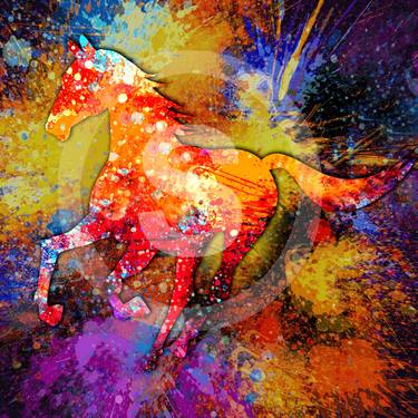 Splash  Golden Horse - Digital with Acrylic Painting on Canvas. thumb