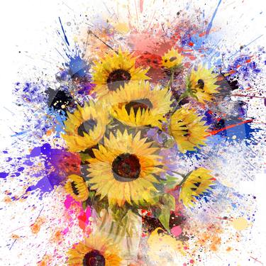 Splash Sunflowers - Digital with Acrylic Painting on Canvas. thumb