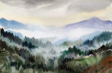 Cloudy Himalaya Mountain - Watercolor on Paper thumb