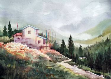 Himalayan Village & Flowers Garden - Watercolor on Paper thumb