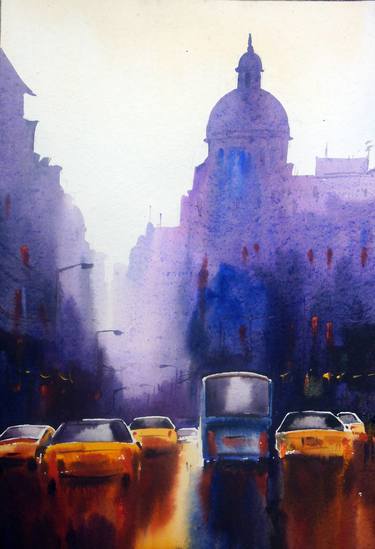 City after Rain -Watercolor on Paper Painting thumb