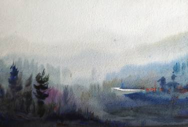 Mysterious Foggy Himalaya Landscape-Watercolor on Paper thumb