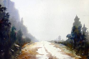 Mysterious  Foggy Himalayan Mountain Path - Watercolor on Paper Painting thumb