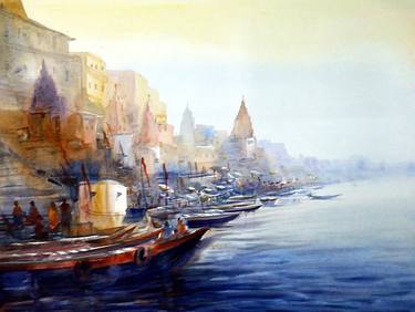 Early Morning Varanasi Ghat - Original Watercolor Painting on Paper thumb