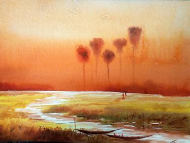 Sunset Rural River-Watercolor on Paper thumb