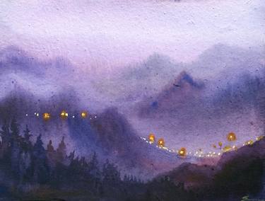 Night Himalaya Mountain Landscape - Original Watercolor Painting on Paper thumb