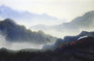 Mysterious Himalayan Mountain  Landscape  - Watercolor on Paper Painting thumb