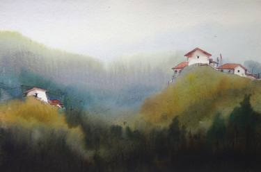 Beauty of Himalayan  Mountain Village - Watercolor on Paper thumb