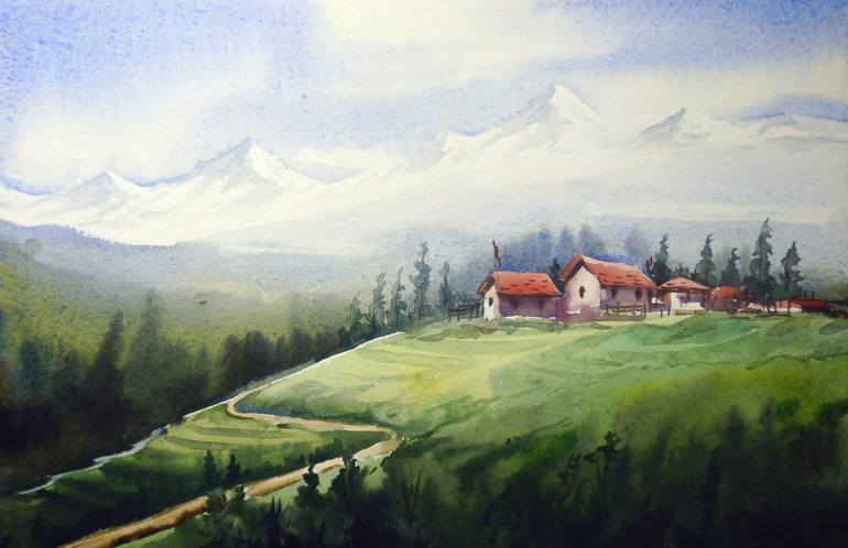 Himalayan Peaks & Landscape - Watercolor on Paper painting Painting by ...