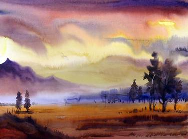 Sunset Mountain & Corn Field - Watercolor on Paper Painting thumb