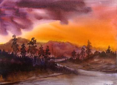 Sunset Mountain Landscape - Watercolor on Paper thumb
