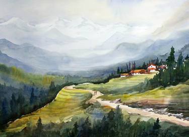 Morning Mountain Landscape - Watercolor on Paper thumb