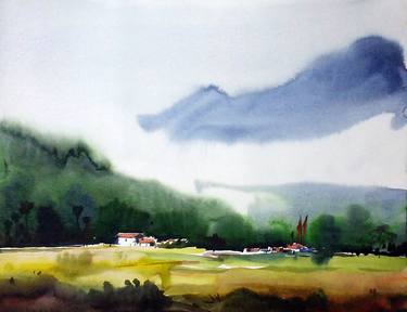 Cornfield & Himalaya Mountain Beauty - Watercolor on Paper thumb