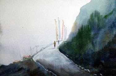 Foggy Morning Mountain Road - Watercolor on Paper Painting thumb