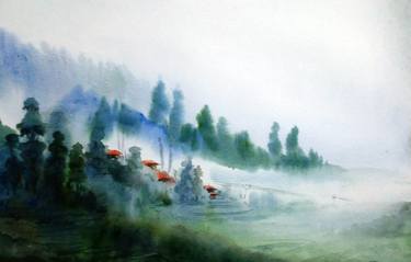 Foggy Mountain Village - Watercolor on Paper Painting thumb