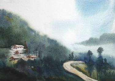 Monsoon Himalaya Village - Watercolor on Paper thumb