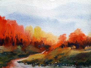 Autumn Forest & Himalaya Mountain - Watercolor on Paper thumb