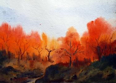 Autumn Mountain Forest - Watercolor on Paper Painting thumb