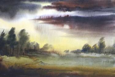 Monsoon Rural Landscape - Watercolor painting thumb