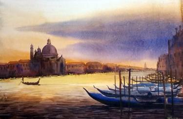 Cloudy Venice Sunset - Watercolor Painting thumb