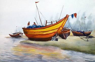 Colorful Fishing Boats - Watercolor Painting thumb