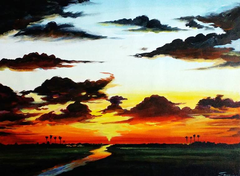Rural Cloudy Sunset Painting By Samiran Sarkar Saatchi Art