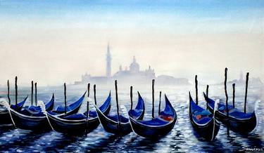 Gondola at Winter Morning Venice - Arylic on Canvas Painting thumb