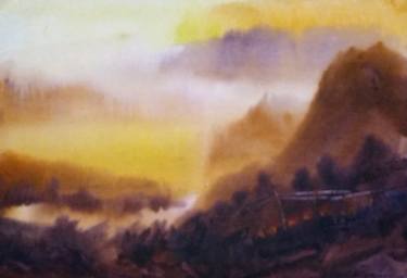 Landscape Painting Misty  Stream Original Nordic Nature Watercolor Painting by Calle Lind