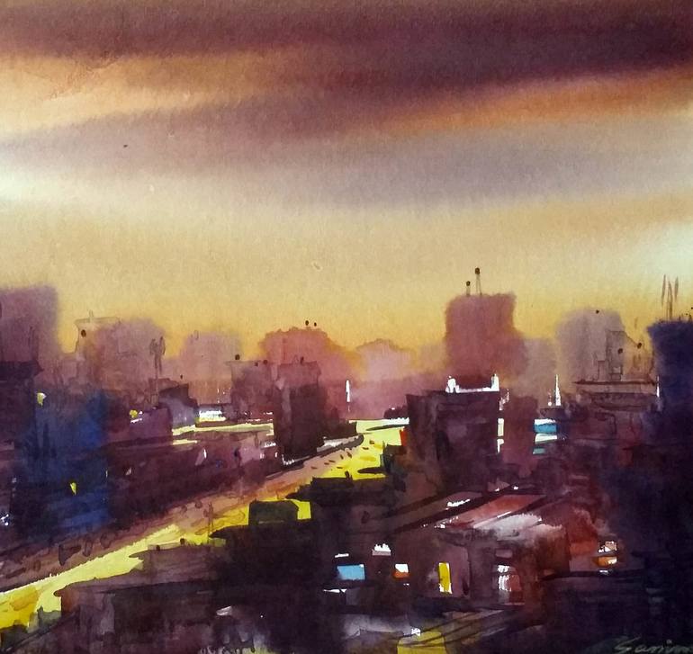 Night Abstract Cityscape-Acrylic on Canvas Painting Acrylic painting by  Samiran Sarkar