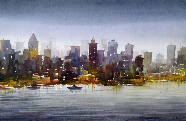 watercolor cityscapes night