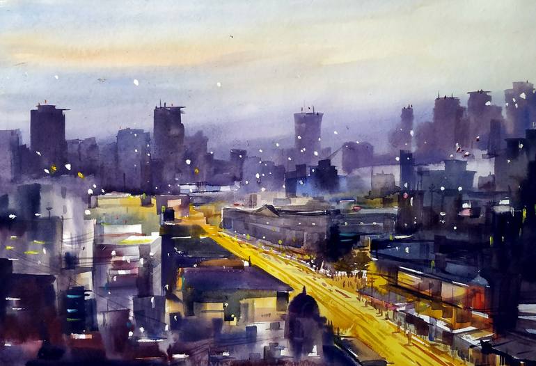 Night Abstract Cityscape-Acrylic on Canvas Painting Acrylic painting by  Samiran Sarkar