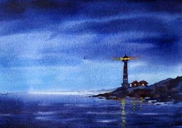 Evening Lighthouse Miniature Watercolor Painting thumb