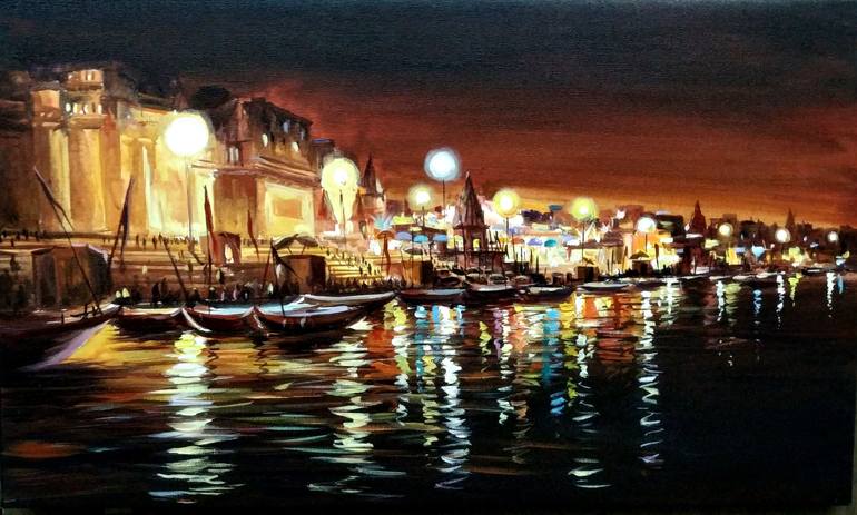 Beauty Of Night Reflection Varanasi Ghats Painting By Samiran Sarkar ...